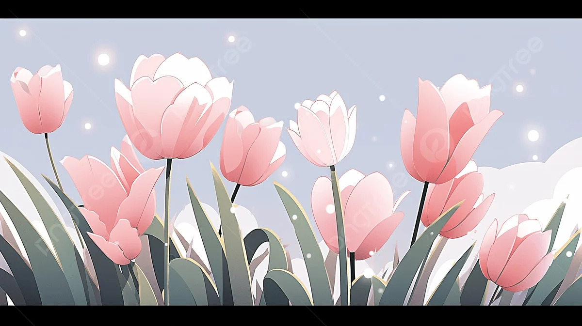 Minh họa những bông tulip hồng nở giữa lá xanh