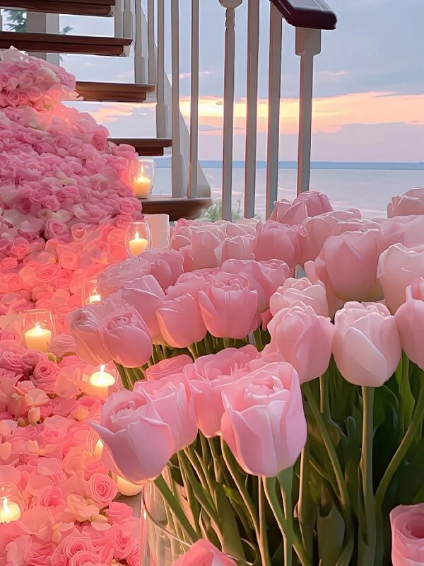 Vườn hoa tulip hồng trong không gian kính đón nắng