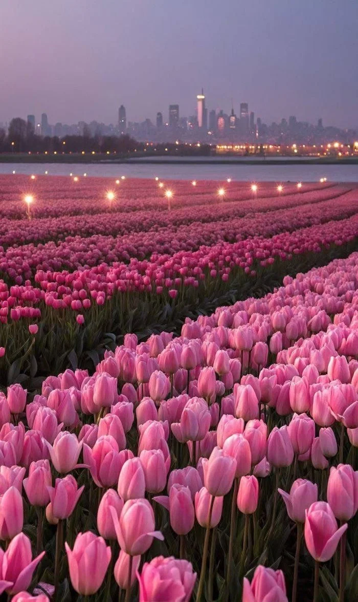Cánh đồng tulip hồng rộng lớn bên hồ lúc chạng vạng