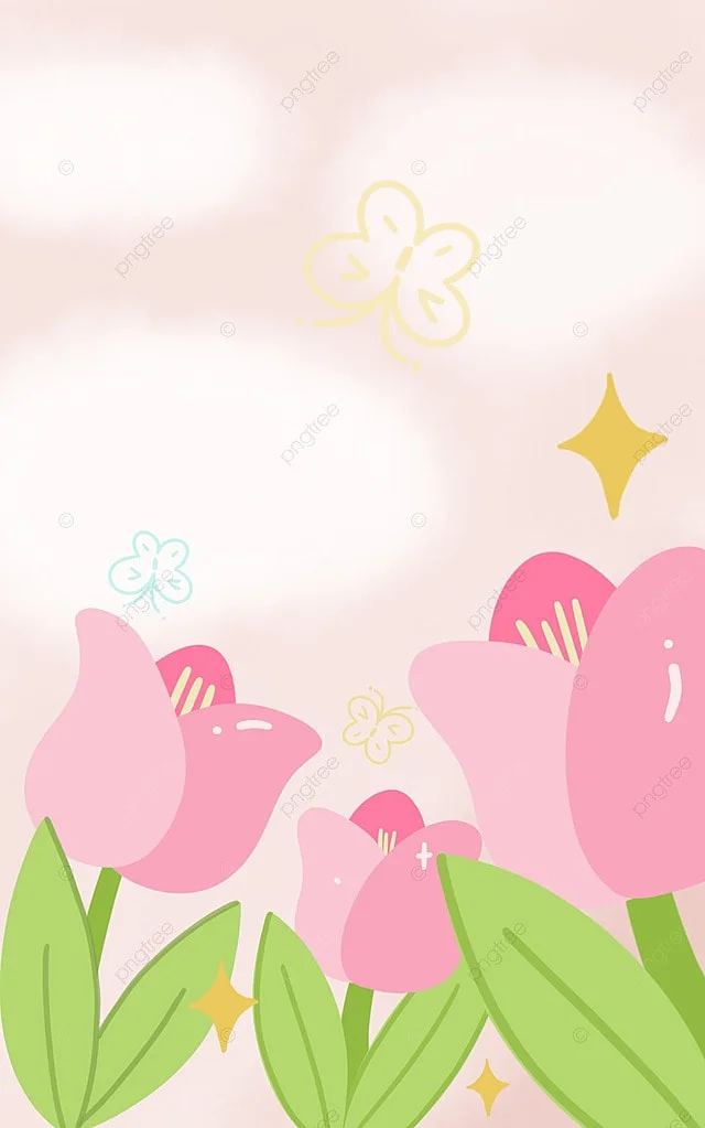 Minh họa hoa tulip màu hồng với lá xanh và họa tiết trang trí