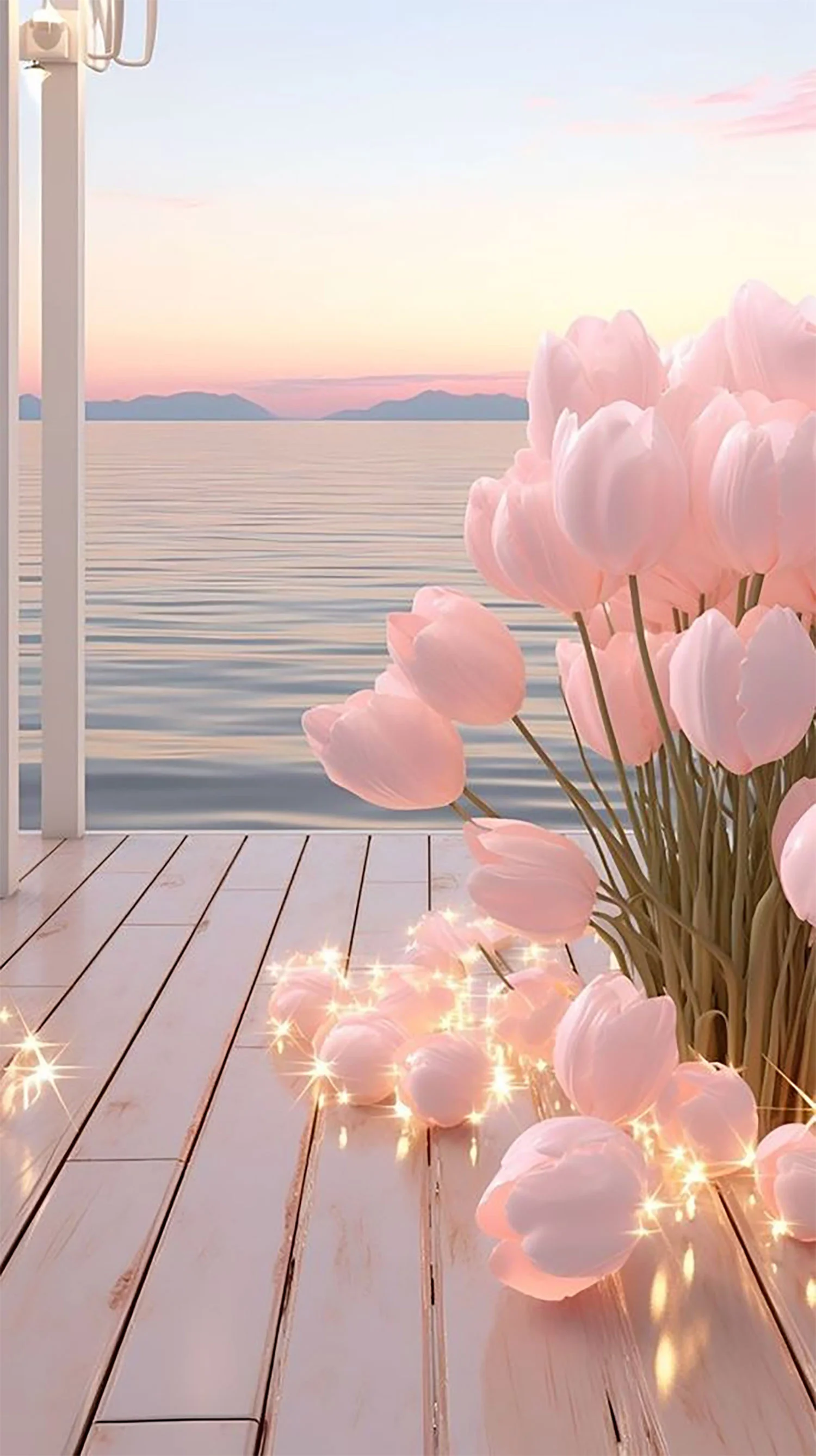 Bó hoa tulip hồng đặt trên sàn gỗ bên hồ lúc hoàng hôn