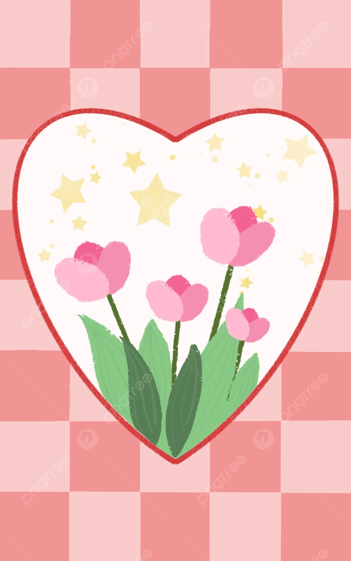 Tranh minh họa hoa tulip trong khung hình trái tim