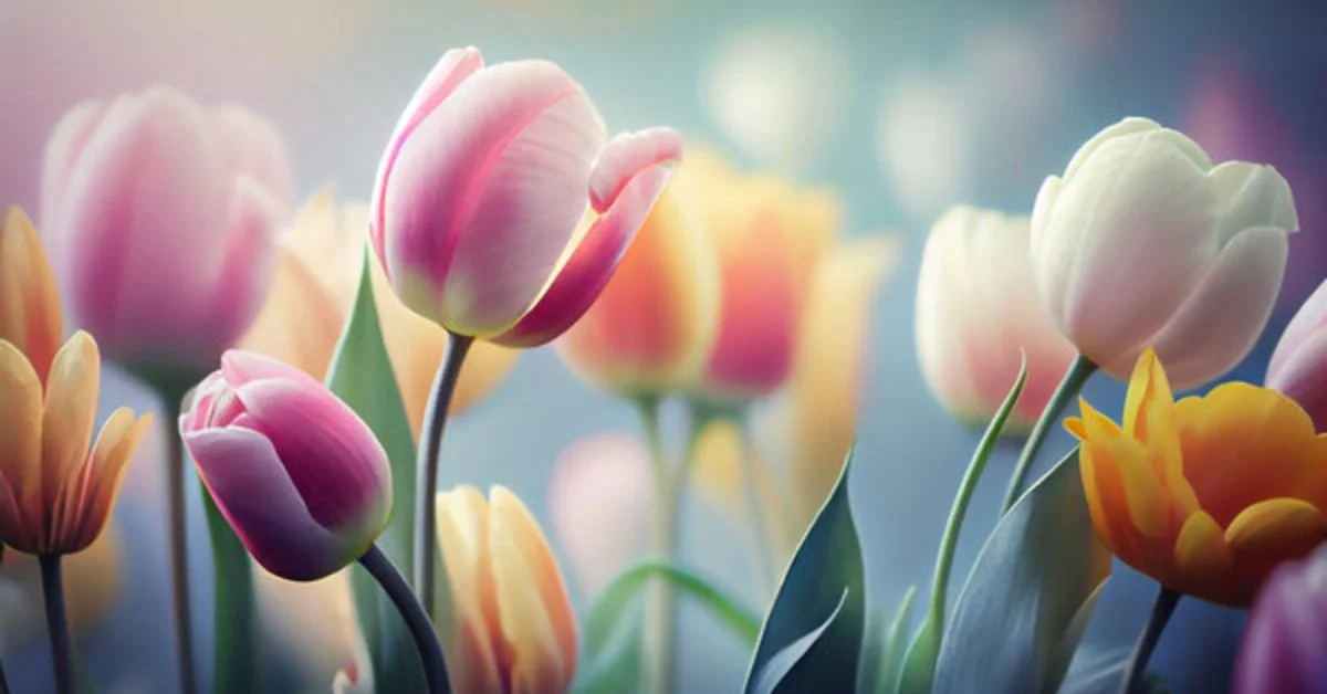 Những bông hoa tulip nhiều màu nổi bật trên nền xanh mờ