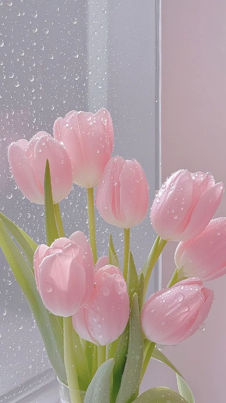 Những bông tulip hồng phủ giọt nước bên cửa sổ