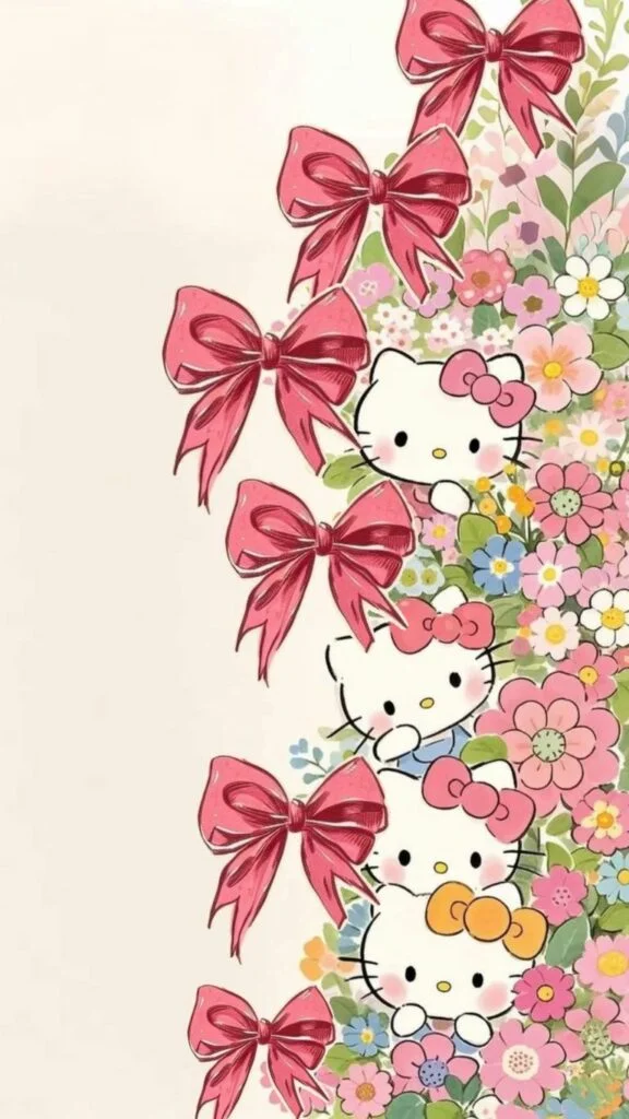 Hình nền Hello Kitty giữa vườn hoa