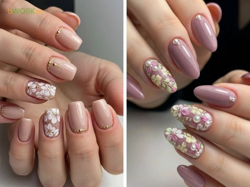 Mẫu nail Tết họa tiết hoa nhã nhặn