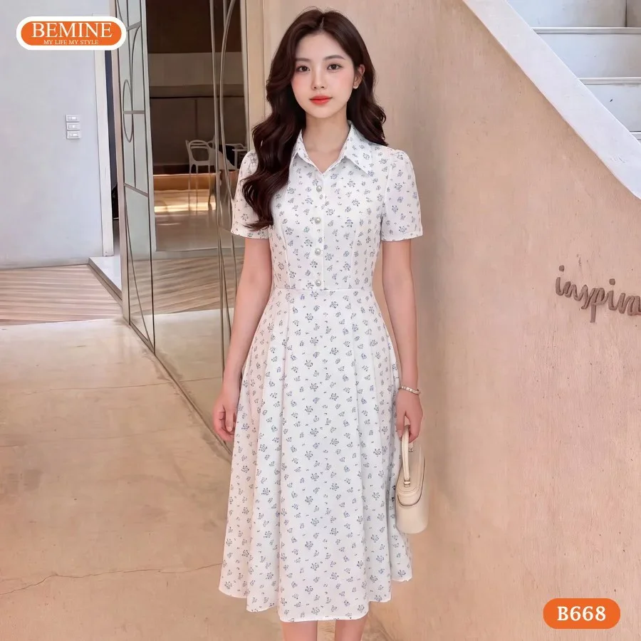 Người mẫu diện mẫu đầm suông mới nhất họa tiết hoa nhí thanh lịch