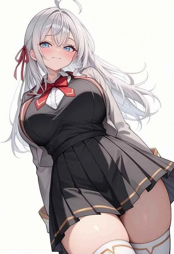 Hình ảnh nhân vật nữ sẽ gầy anime với mái tóc trắng và đồng phục học sinh.