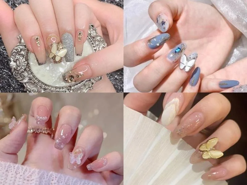Nail charm bướm màu nude và pastel
