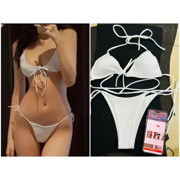 Bộ bikini 2 mảnh nhỏ màu trắng thiết kế dây buộc gợi cảm