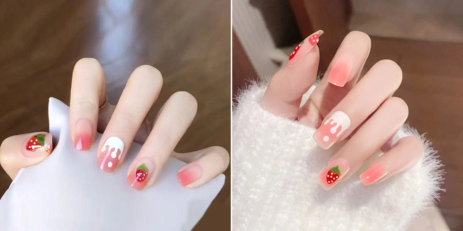 Móng tay dài họa tiết hoa đỏ trên nền trắng và hồng