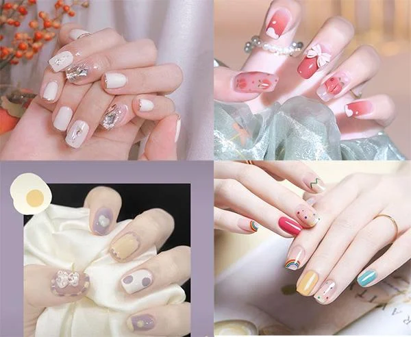 Bộ sưu tập móng tay pastel với họa tiết hoa, nơ và đính đá