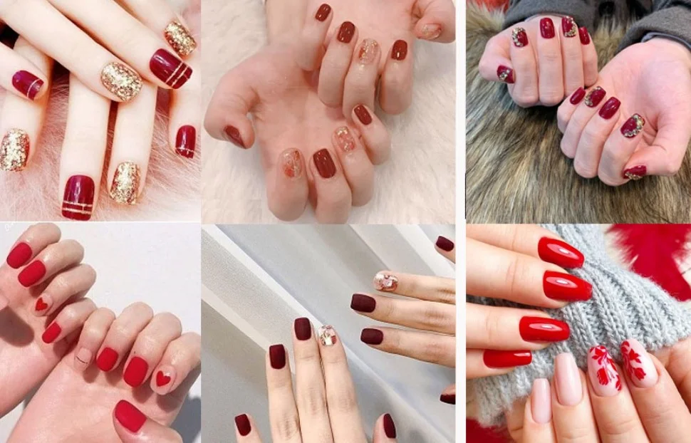 Bộ sưu tập móng tay đỏ với nhiều kiểu sơn và họa tiết khác nhau