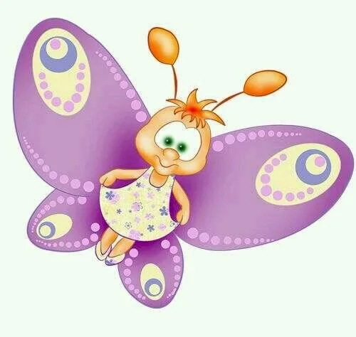Hình vẽ con bướm dễ thương chibi đang cầm váy với đôi cánh màu tím, có họa tiết.