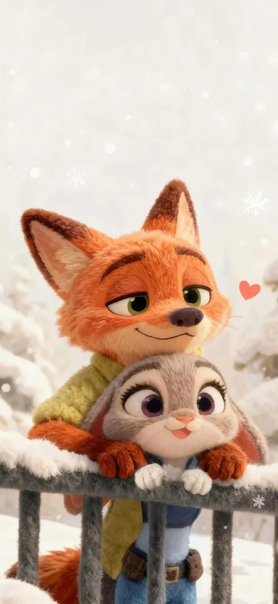 Ảnh cáo và thỏ Nick và Judy ôm nhau ngọt ngào giữa mùa đông tuyết rơi