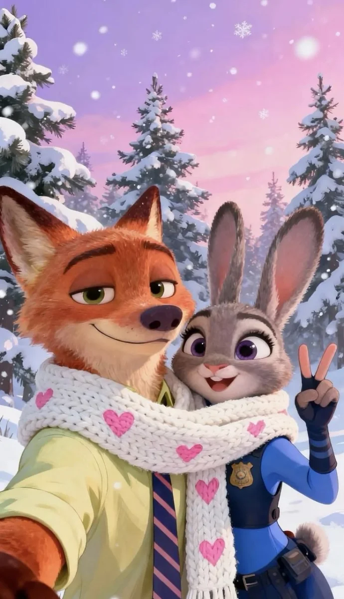 ảnh cáo và thỏ Nick và Judy chụp selfie trong khung cảnh mùa đông tuyết rơi lãng mạn