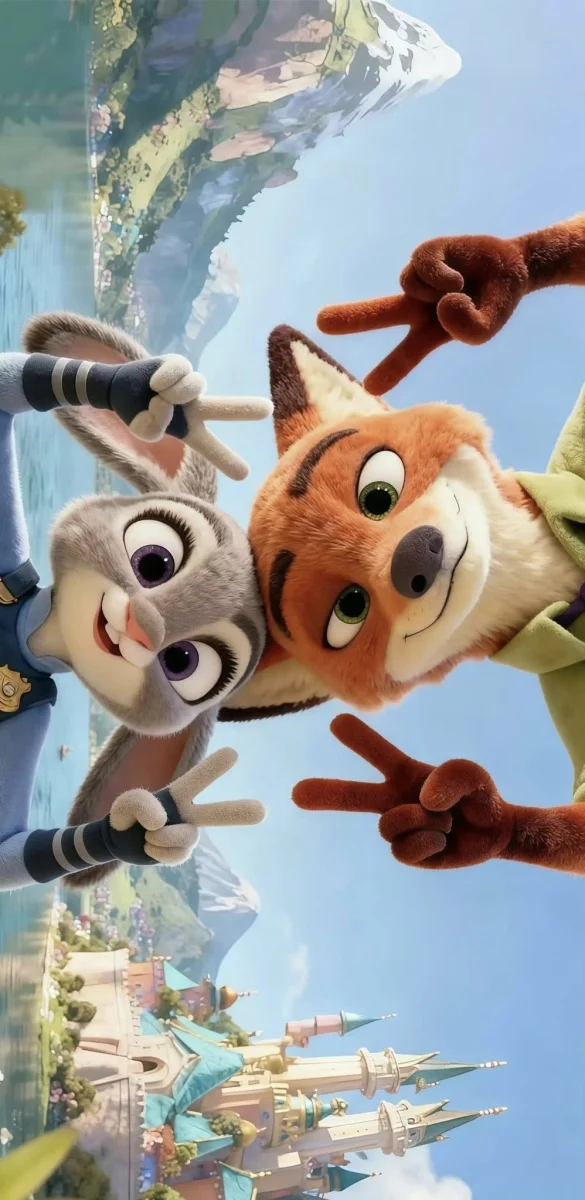 ảnh cáo và thỏ Nick và Judy chụp selfie vui nhộn với biểu cảm rạng rỡ