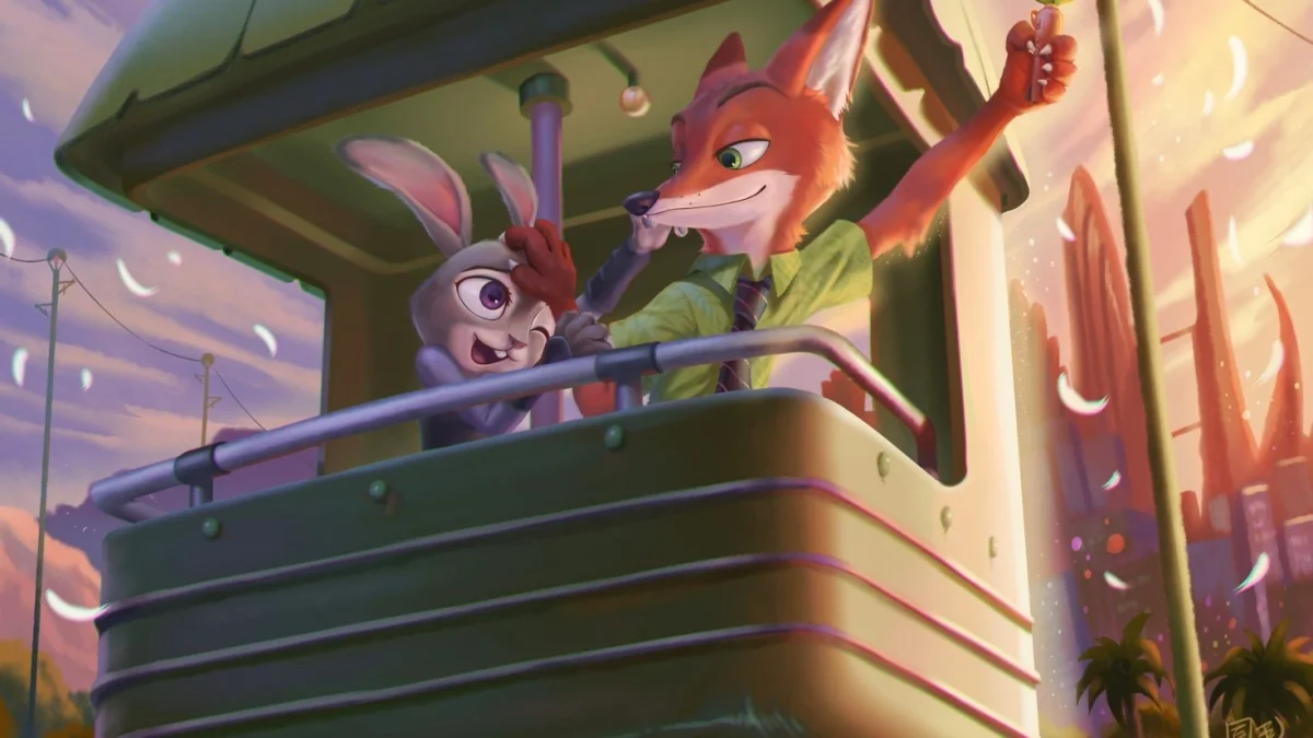 Cáo Nick và thỏ Judy trên cabin cáp treo ngắm thành phố, ảnh cáo và thỏ