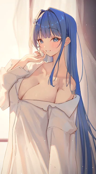 Hình ảnh anime ngực to phong cách quyến rũ với mái tóc xanh đặc trưng