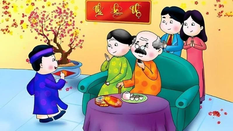 Hoạt hình ông bà đón cháu chúc Tết Nguyên Đán