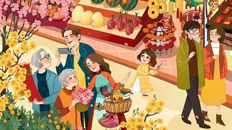 Hoạt hình gia đình đi chợ hoa Tết Nguyên Đán