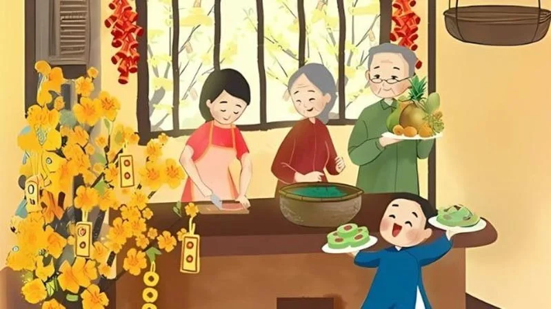 Gia đình làm bánh chưng ngày Tết Nguyên Đán
