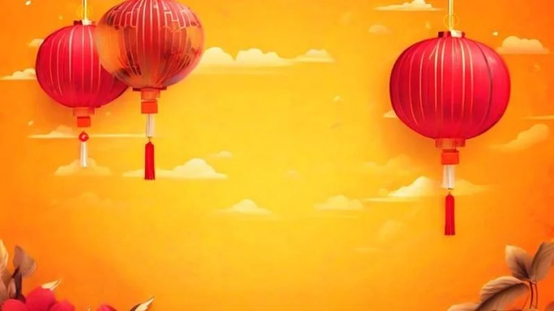 Nền đỏ với đèn lồng treo trang trí Tết Nguyên Đán