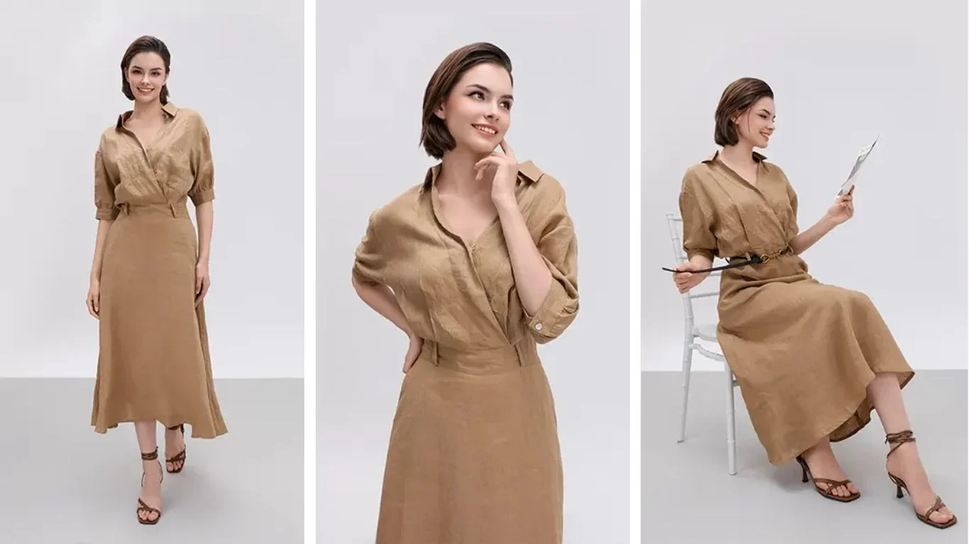 Người mẫu trình diễn những mẫu đầm linen đẹp với thiết kế thanh lịch trong studio.
