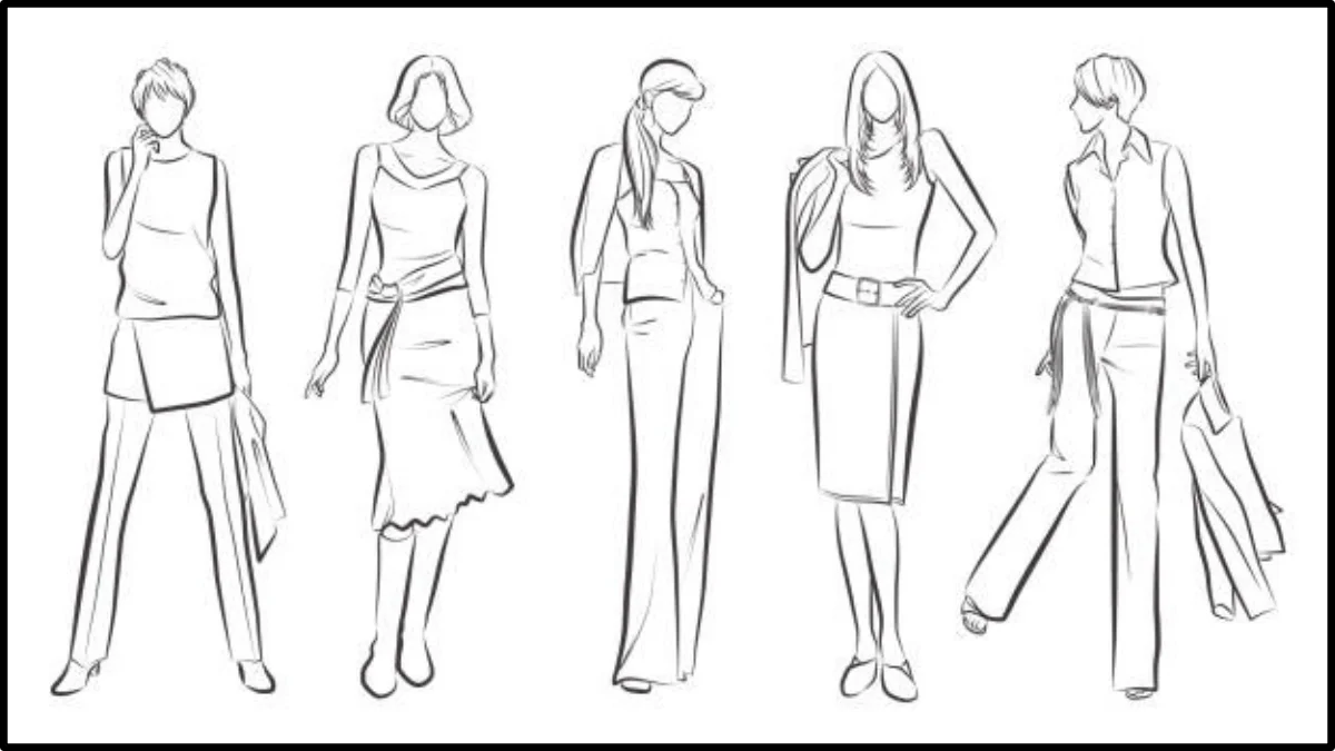Vẽ dáng người - Bộ 5 phác thảo croquis dáng người mẫu nữ với các tư thế đứng và trang phục thời trang khác nhau