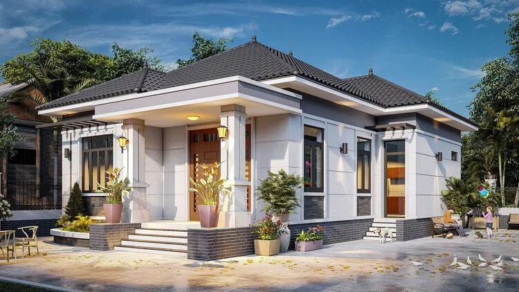 Mẫu nhà cấp 4 hiện đại mái nhật với hiên rộng, bậc tam cấp và sân vườn xanh mát