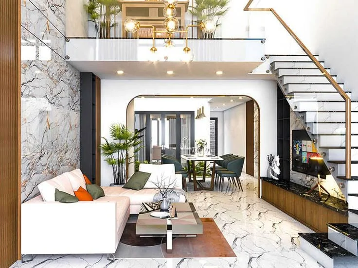 Không gian nội thất nhà hiện đại với phòng khách, cầu thang và tường đá marble