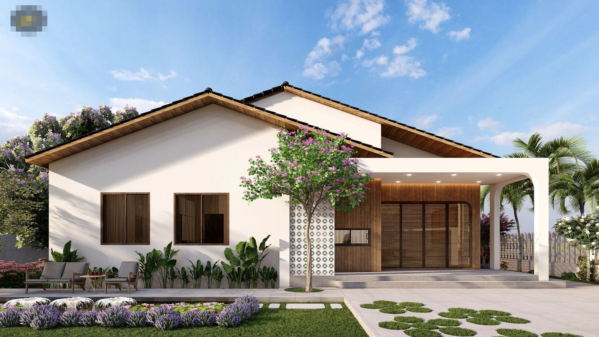 Mẫu nhà cấp 4 hiện đại mái dốc với hiên gỗ, sân cỏ và vườn hoa phía trước