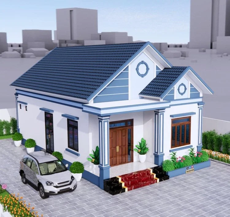Mẫu nhà cấp 4 hiện đại mái Thái xanh, sân trước rộng và gara ô tô