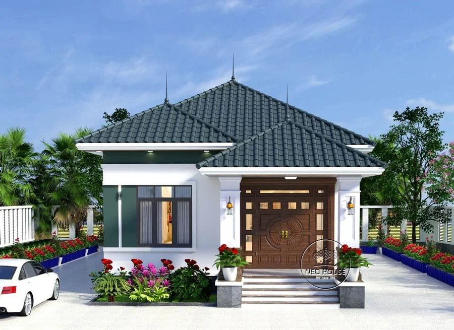 Mẫu nhà cấp 4 hiện đại mái Nhật xanh, hiên rộng và sân vườn nhiều hoa