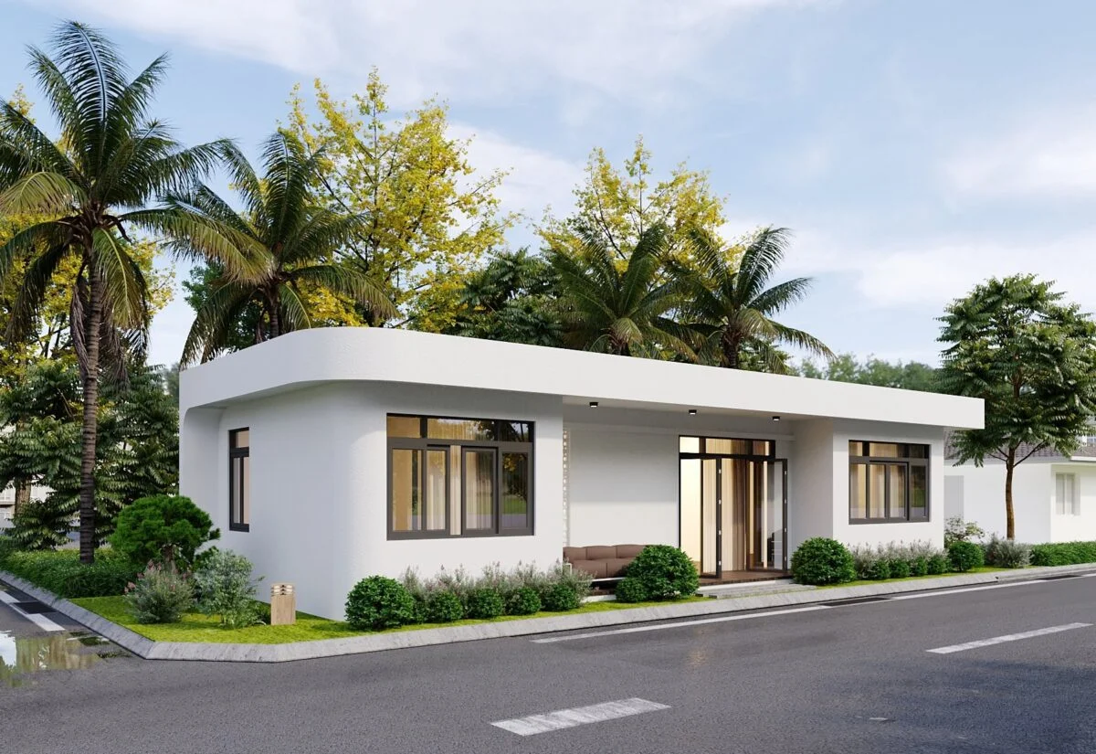 Mẫu nhà cấp 4 hiện đại mái bằng bo cong với mặt tiền trắng và khu vườn nhiệt đới