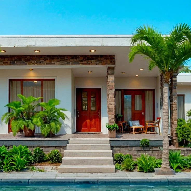 Mẫu nhà cấp 4 hiện đại mái bằng, hiên rộng và cửa gỗ nổi bật
