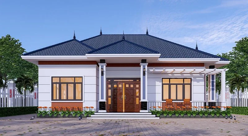 Mẫu nhà cấp 4 hiện đại mái Nhật màu xanh, mặt tiền cân đối và sang trọng