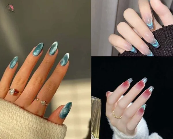 Các mẫu nail mắt mèo tone xanh và hồng ombre