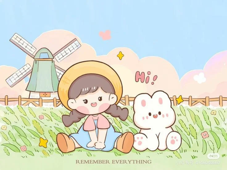 Hình nền máy tính cute với cô bé và chú thỏ trên cánh đồng cối xay gió