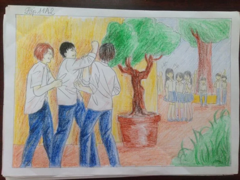 tranh vẽ bạo lực học đường khung cảnh đánh nhau
