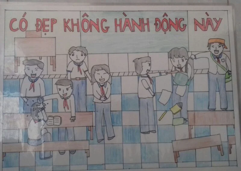 tranh vẽ bạo lực học đường vẽ lại cảnh bắt nạt