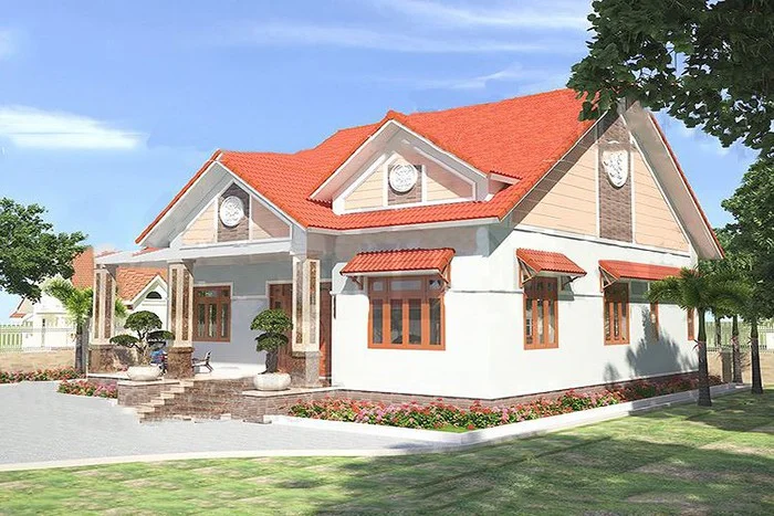 Mẫu nhà cấp 4 đơn giản mái đỏ truyền thống