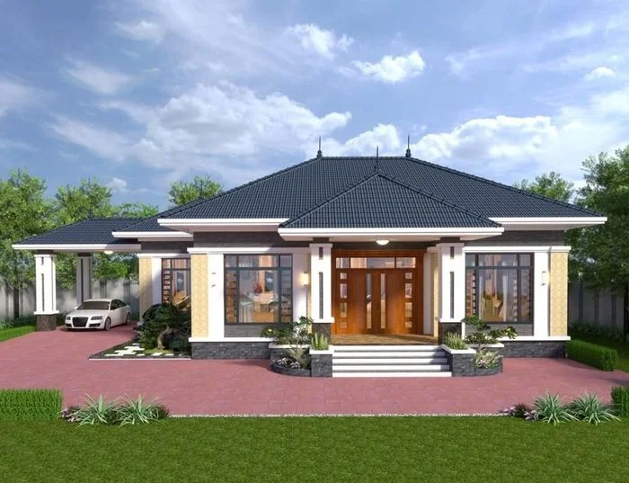 Nhà cấp 4 mái Thái có gara có sự kết hợp tinh tế giữa màu sắc với phong cách thiết kế trẻ trung. Ảnh: Neohouse