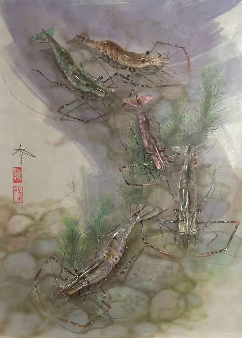 Tranh thủy mặc Tôm, acrylic 66x86 cm