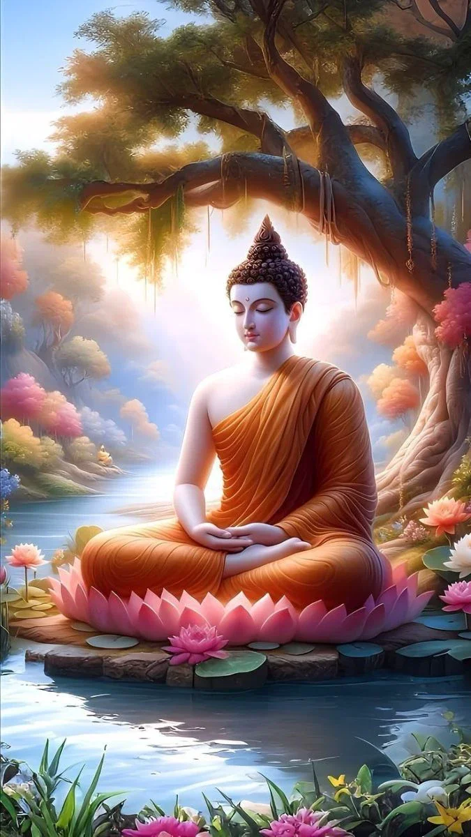 Phật ngồi thiền trên tòa sen hồng