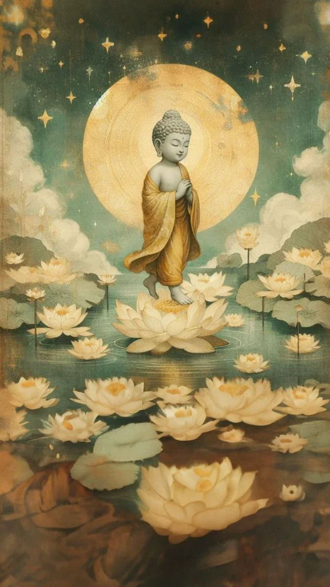 Tiểu Phật đi trên hoa sen trắng