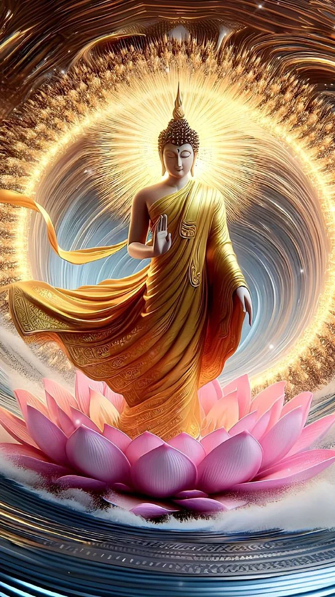 Phật đứng trên hoa sen hồng