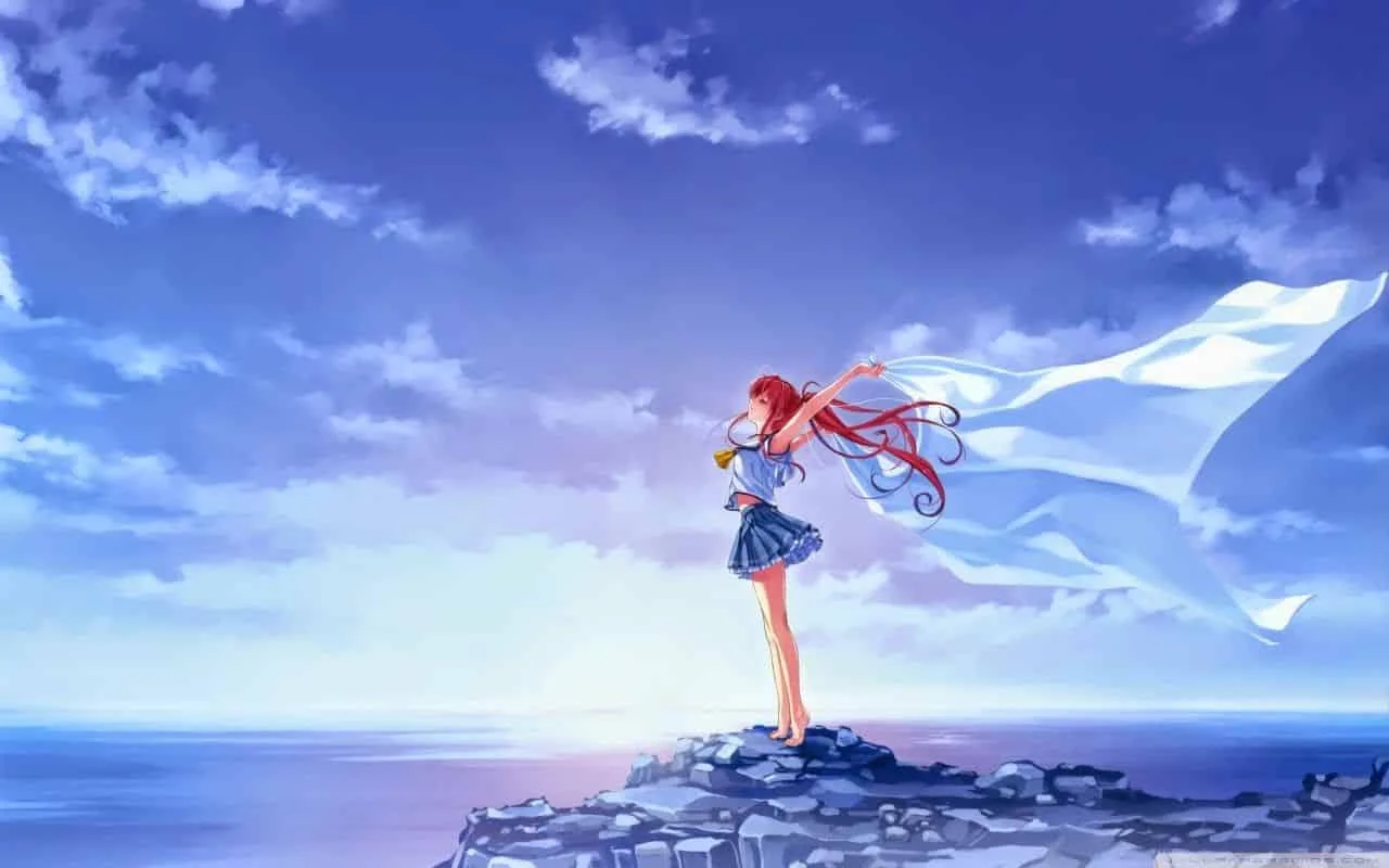 Hình nền laptop đẹp phong cách anime cô gái bên bờ biển