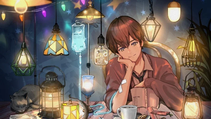 Cậu bé anime cute bên bàn cafe